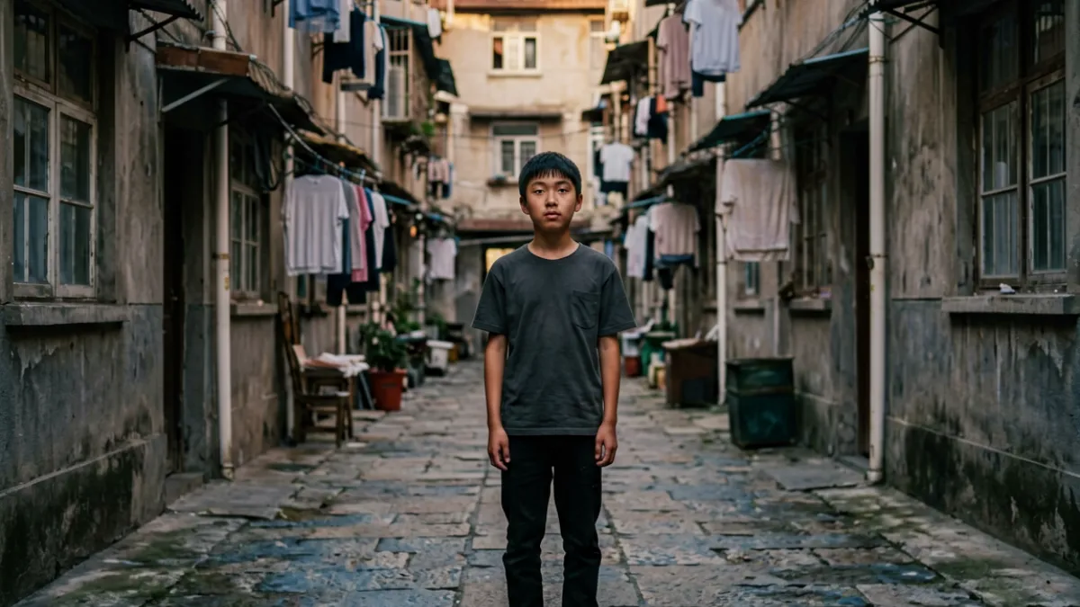 阿宾外传故事开篇场景：少年阿宾站在老旧街巷入口，背后是密集的居民楼与晾晒的衣物，奠定全篇市井生活基调