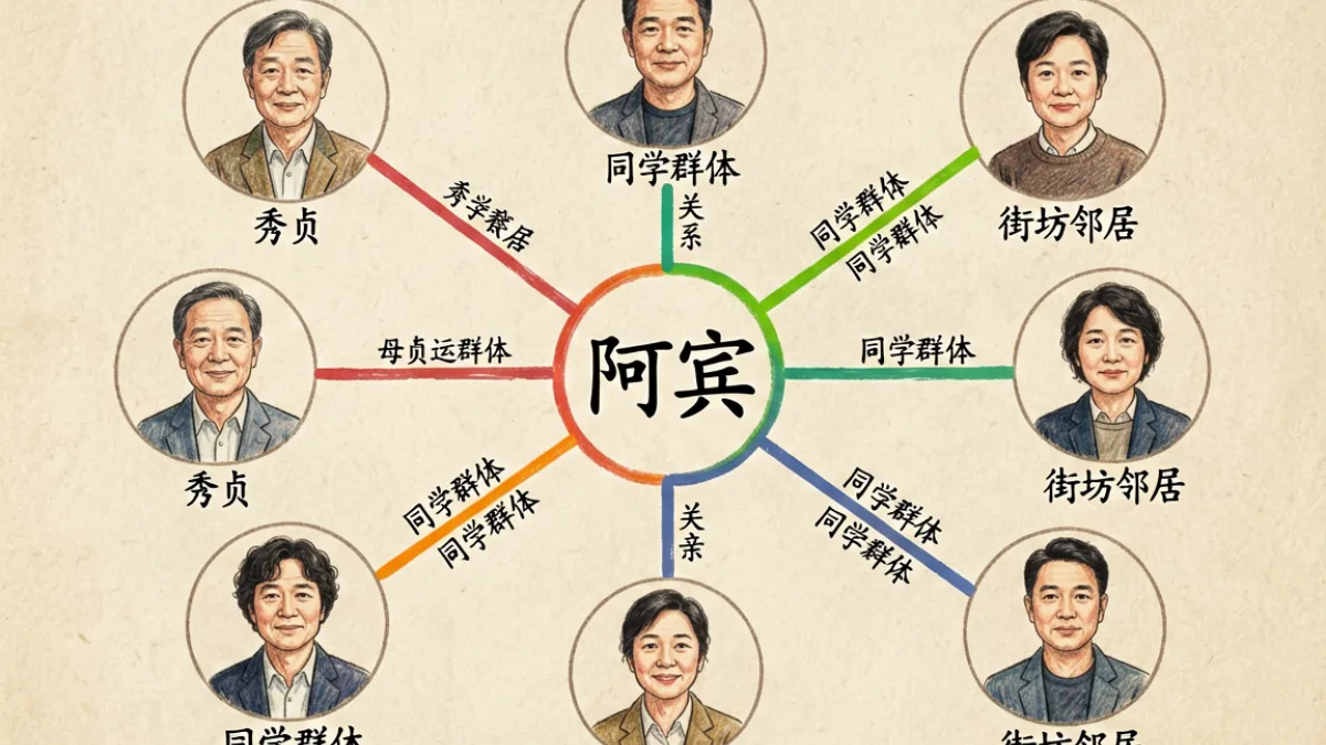 阿宾外传人物关系图谱：以阿宾为核心，向四周辐射出家人、邻居秀贞、同学等主要人物的关系网络示意