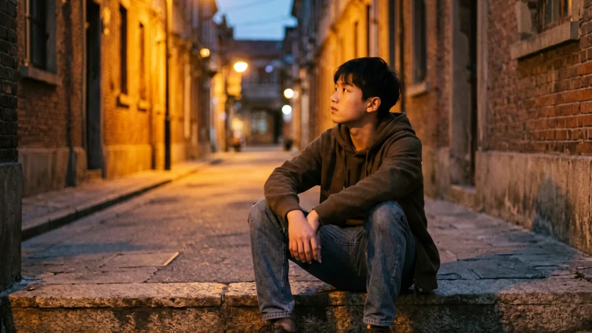 阿宾外传情节高潮场景：傍晚昏黄灯光下，阿宾独自坐在弄堂石阶上，神情若有所思，周围是空旷的街道