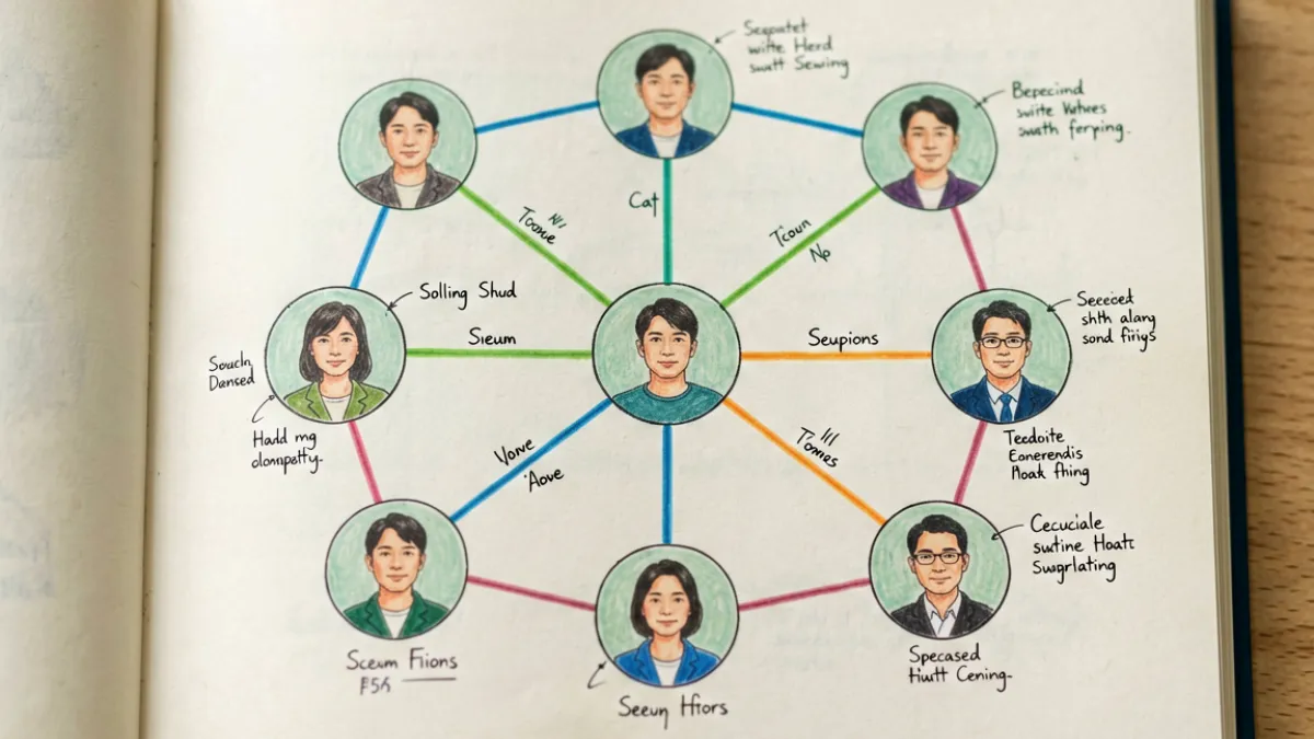 阿宾外传修订版随书附赠的人物关系图谱页面，展示14位角色之间的复杂连线与备注说明